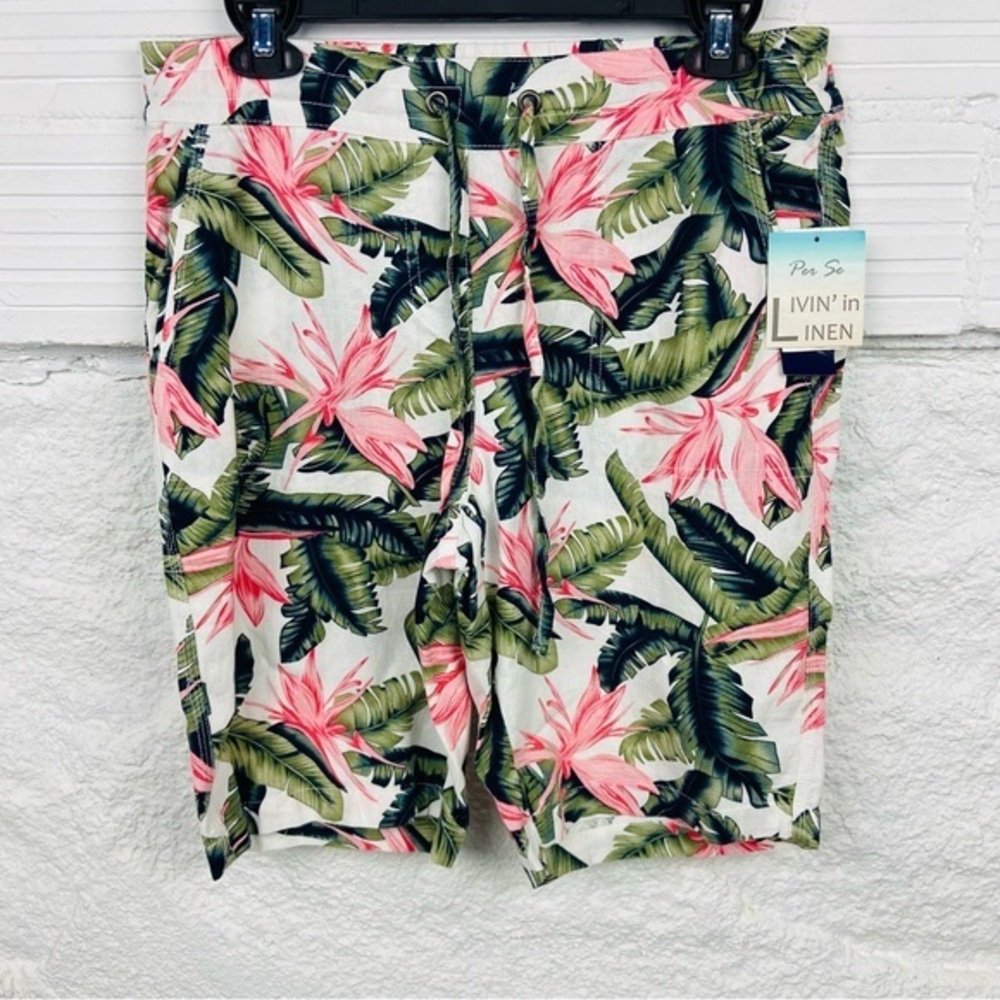 NWT PER SE linen floral tropical vacay lightweight Bermuda shorts size medium